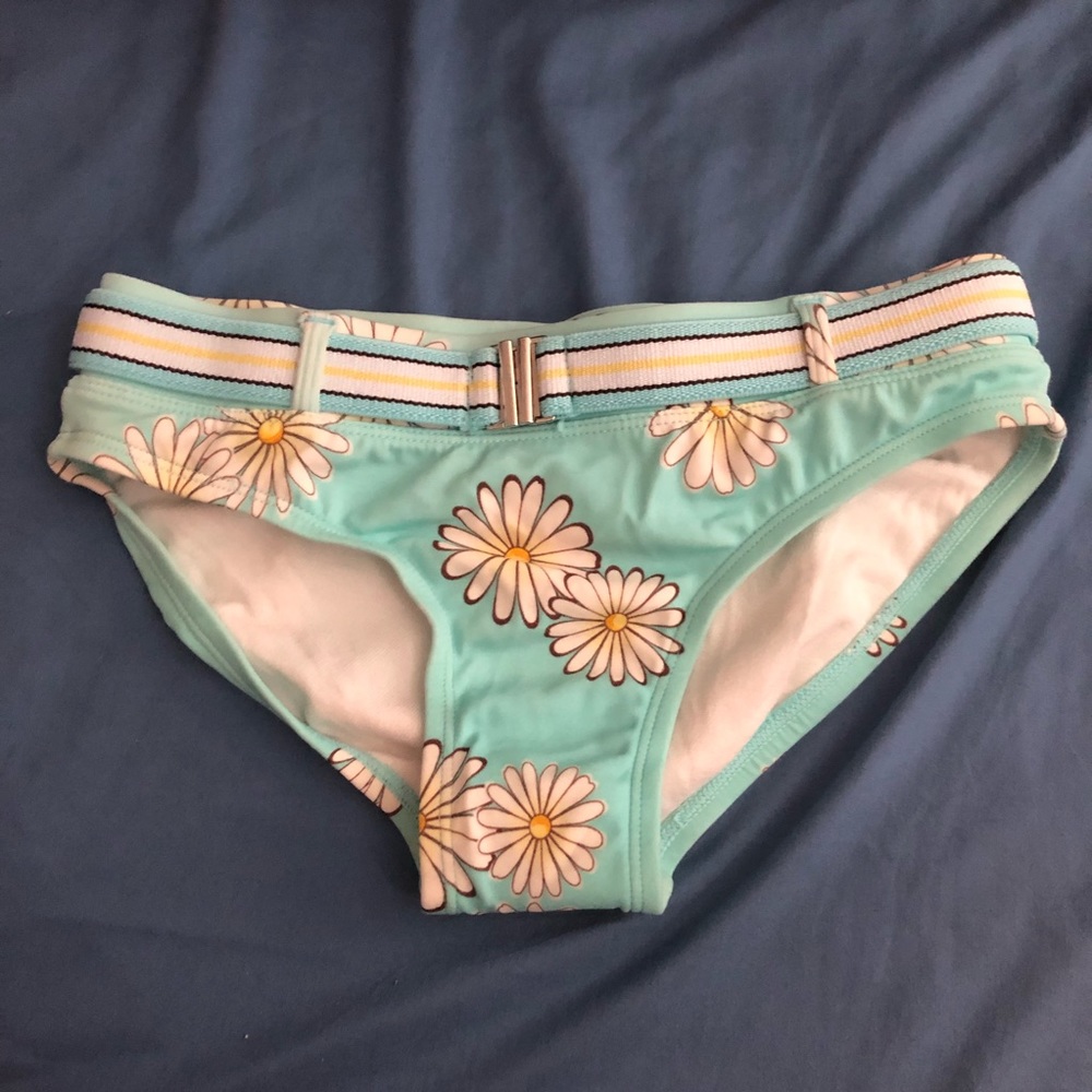 Aqua Belted Daisy Buckle Bikini Bottoms XS